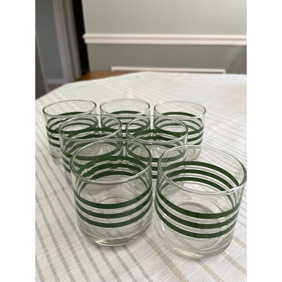 Set of 7 - Vintage 1970’s Green & White Striped 3” Rock Juice Glasses - Picture 4 of 9